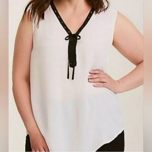Torrid Sheer Lace Up Tank Blouse in black and white